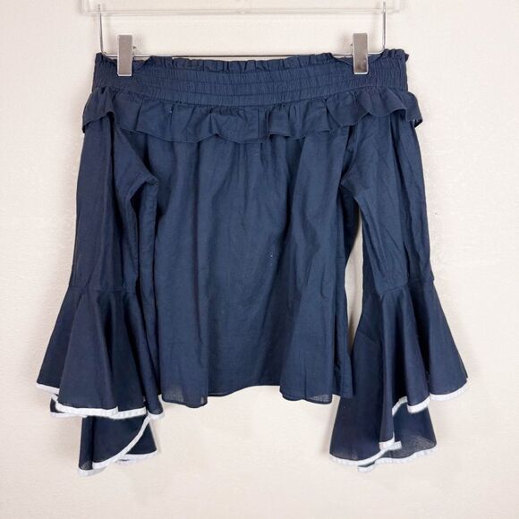 Misa Navy Off Shoulder Cotton Blouse Top Flared Sleeves Small - Picture 1 of 7